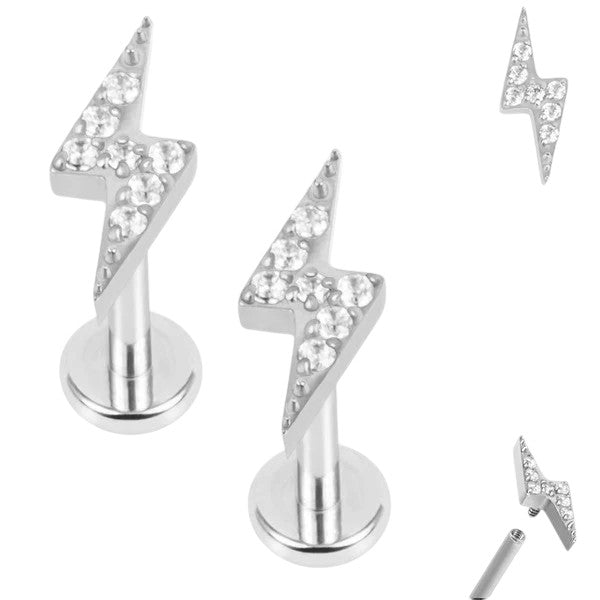 Titanium Internally Threaded Labrets 1.2mm - Titanium Jewelled Lightning Bolt