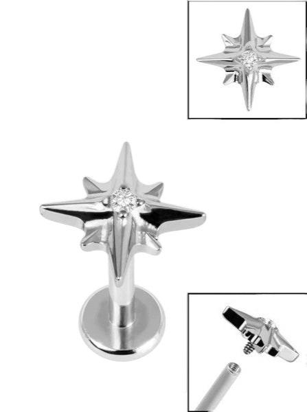 Titanium Internally Threaded Labrets 1.2mm - Titanium 8 Point Jewelled Star