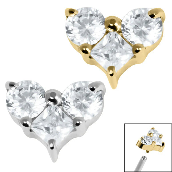 Titanium Claw Set CZ Trio Jewelled Heart for Internal Thread shafts in 1.2mm/8mm