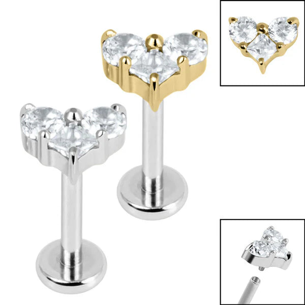 Titanium Claw Set CZ Trio Jewelled Heart for Internal Thread shafts in 1.2mm/8mm