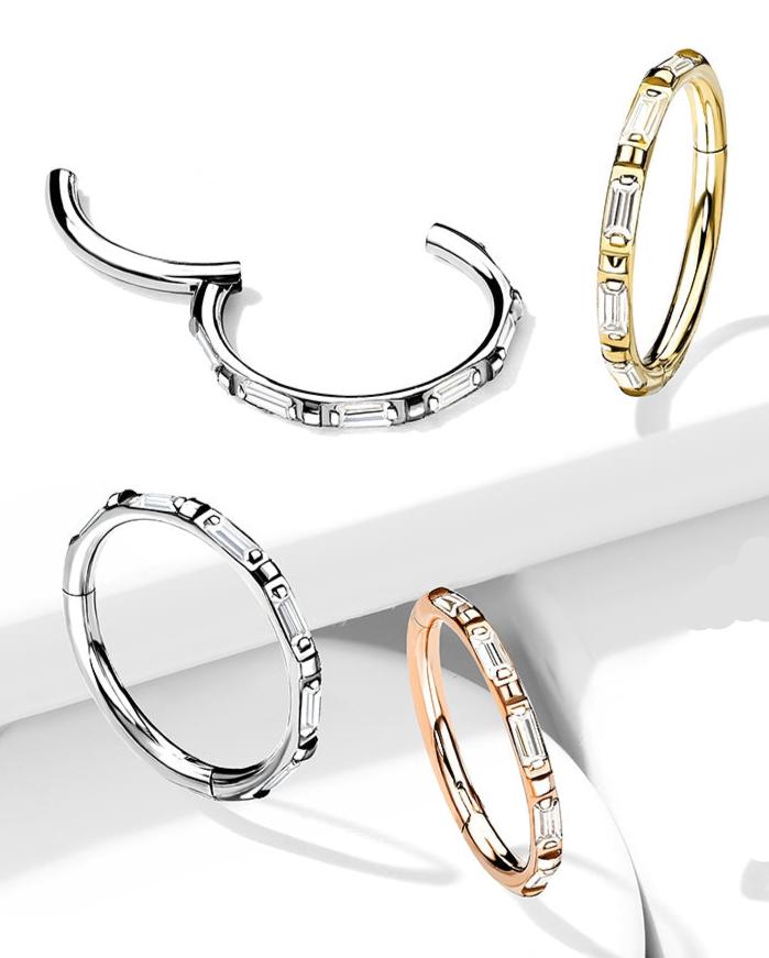 Implant Grade Titanium Hinged Segment Hoop Rings with Outward Facing Rectangular Baguette CZ, worldwide shipping, UK seller