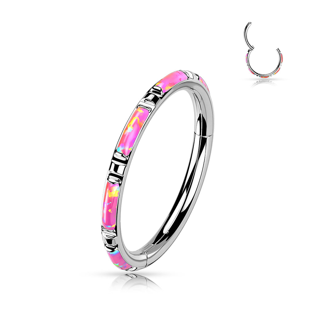Implant Grade Titanium Hinged Segment Ring with Outward Facing Rectangular Opal Inlays