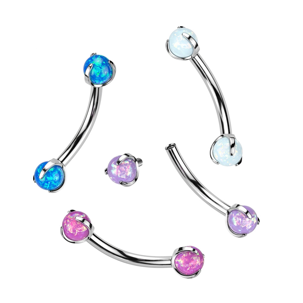 Implant grade titanium curved bar with synthetic opal gems, Body Jewellery