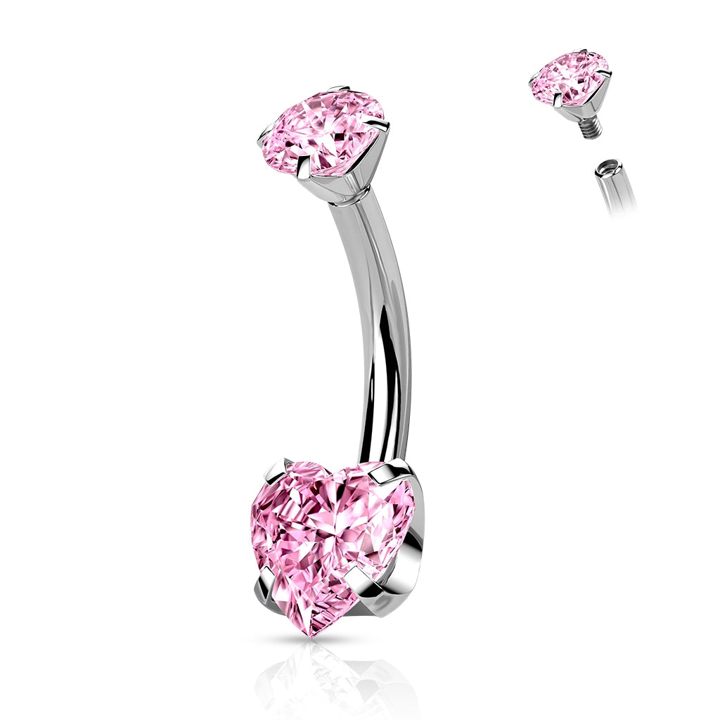 Implant Grade Titanium Belly Bar, Prong set Heart Jewel, UK seller, Worldwide Shipping