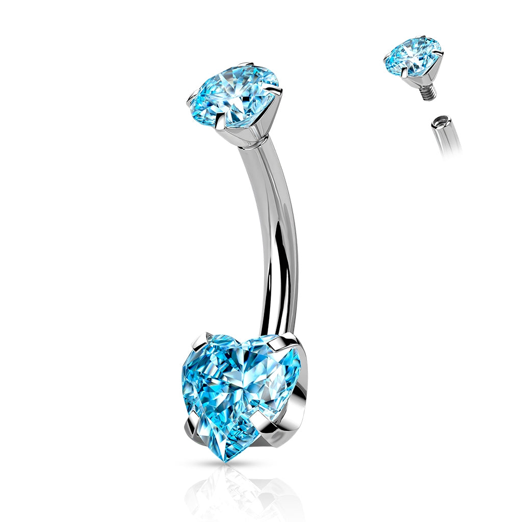 Implant Grade Titanium Belly Bar, Prong set Heart Jewel, UK seller, Worldwide Shipping