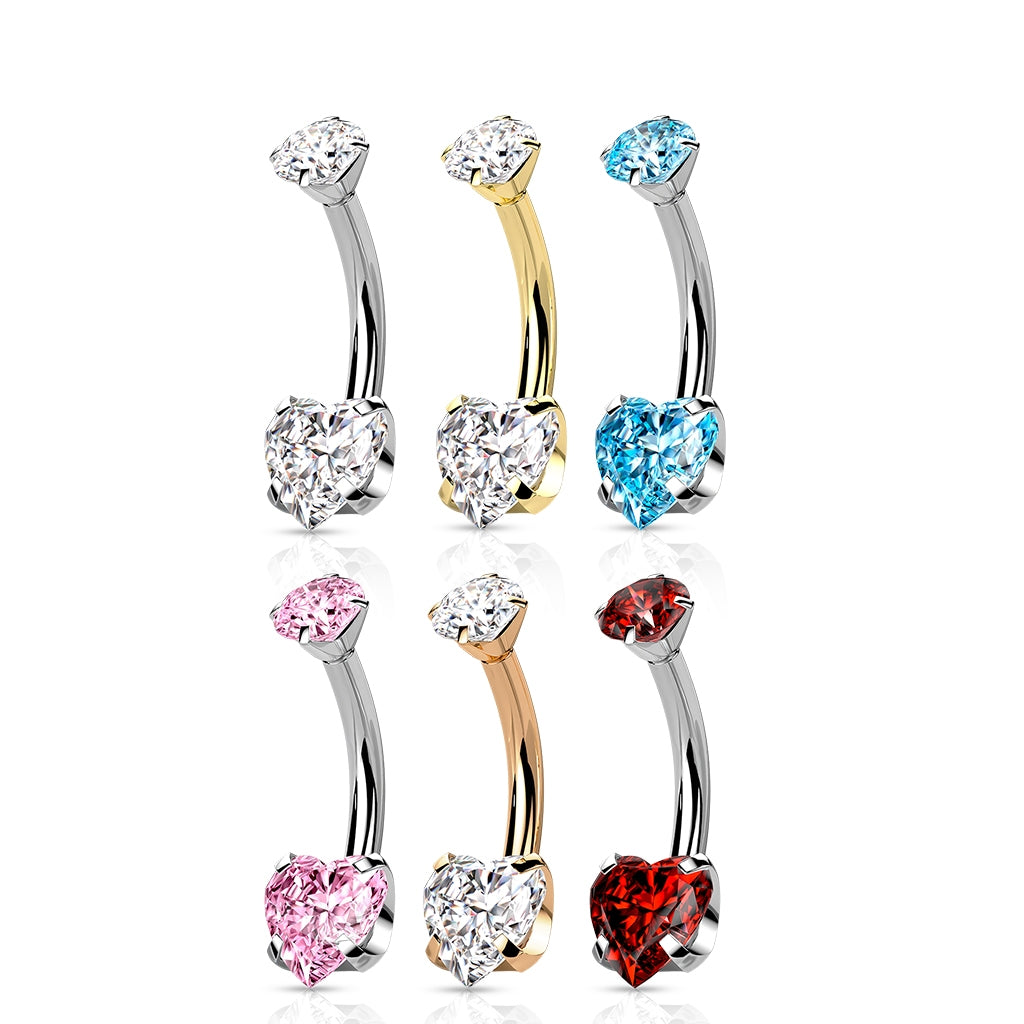 Implant Grade Titanium Belly Bar, Prong set Heart Jewel, UK seller, Worldwide Shipping