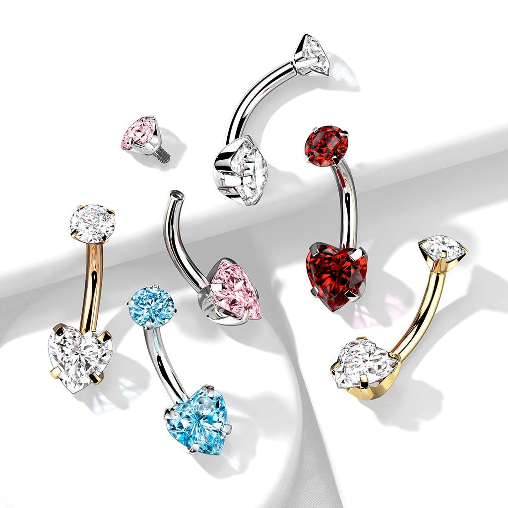 Implant Grade Titanium Belly Bar, Prong set Heart Jewel, UK seller, Worldwide Shipping