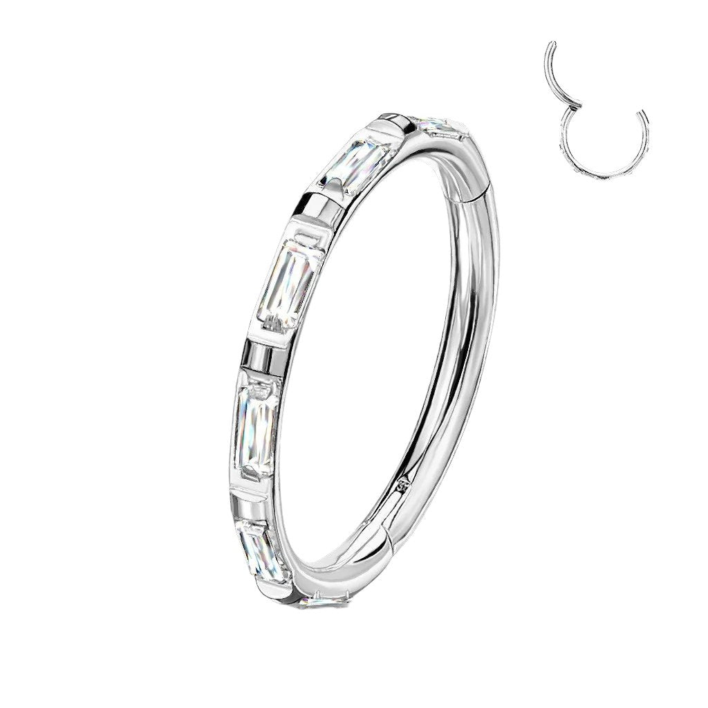 Implant Grade Titanium Hinged Segment Hoop Rings with Outward Facing Rectangular Baguette CZ, worldwide shipping, UK seller