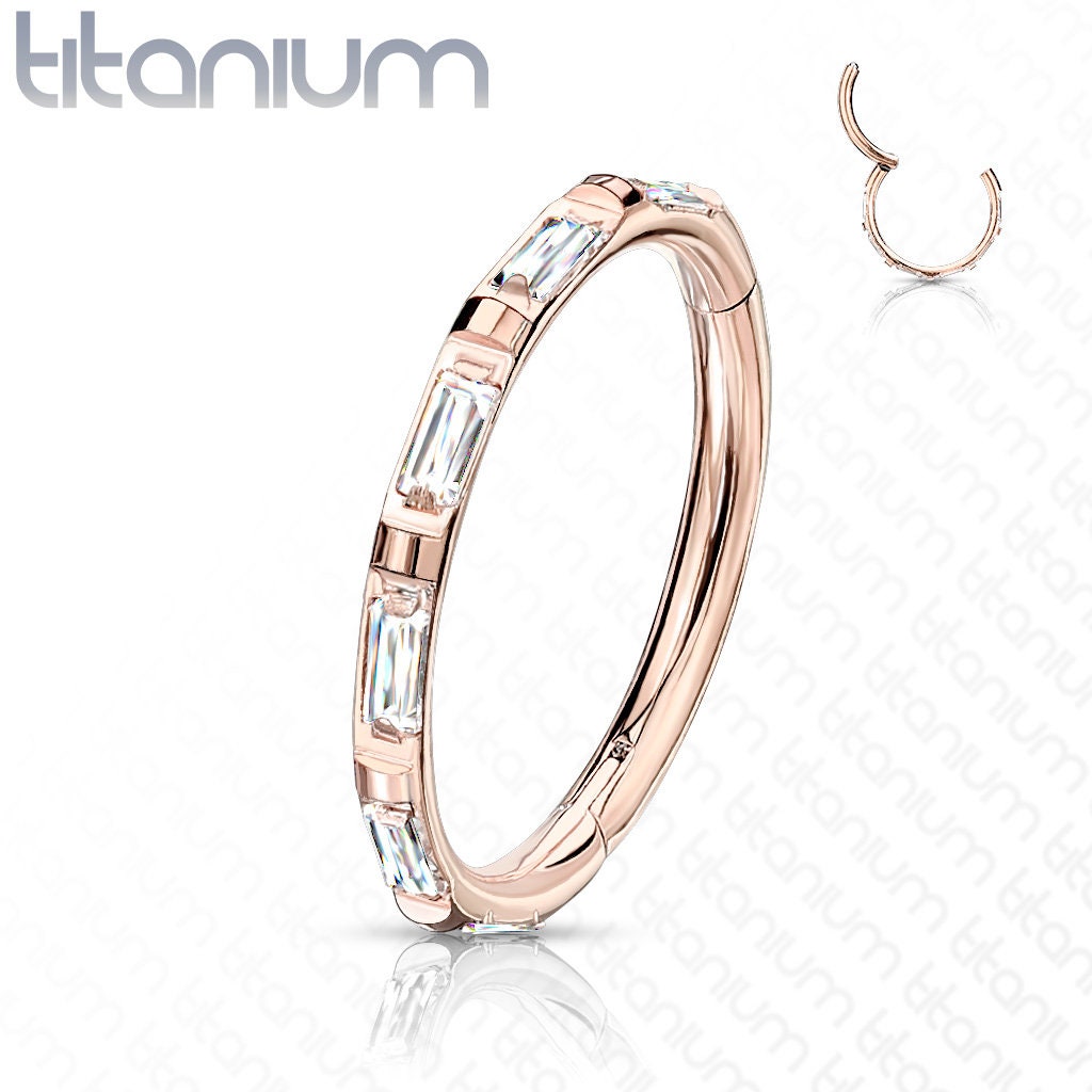 Implant Grade Titanium Hinged Segment Hoop Rings with Outward Facing Rectangular Baguette CZ, worldwide shipping, UK seller