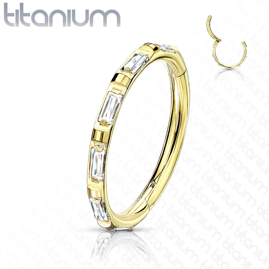 Implant Grade Titanium Hinged Segment Hoop Rings with Outward Facing Rectangular Baguette CZ, worldwide shipping, UK seller