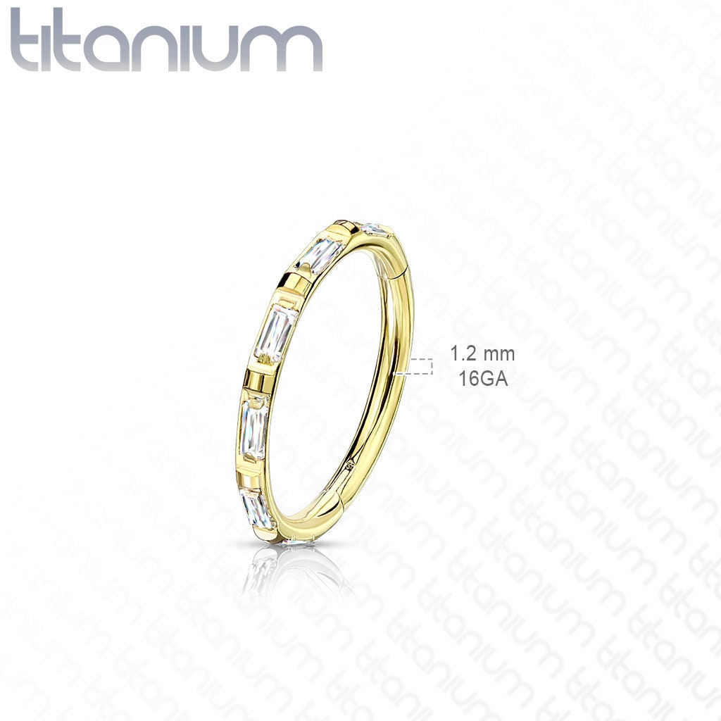 Implant Grade Titanium Hinged Segment Hoop Rings with Outward Facing Rectangular Baguette CZ, worldwide shipping, UK seller