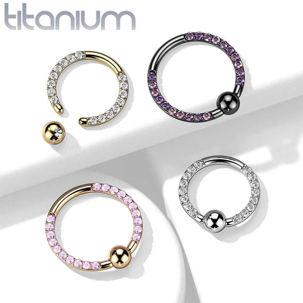 Implant Grade Titanium Captive Bead Ring with Front Facing CZ Pave on Each side, Body Jewellery