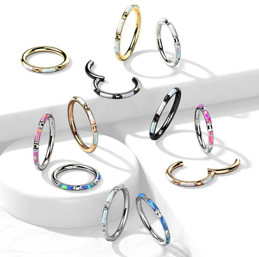 Implant Grade Titanium Hinged Segment Ring with Outward Facing Rectangular Opal Inlays