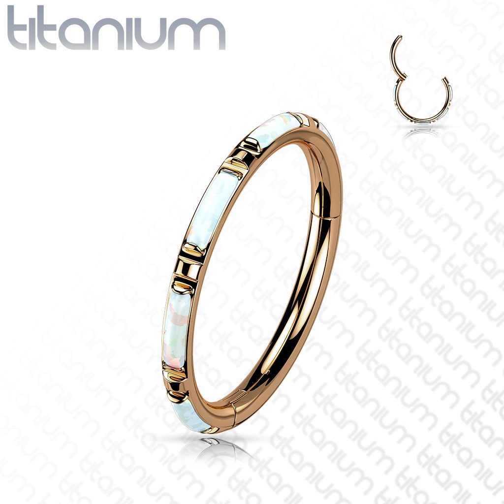 Implant Grade Titanium Hinged Segment Ring with Outward Facing Rectangular Opal Inlays