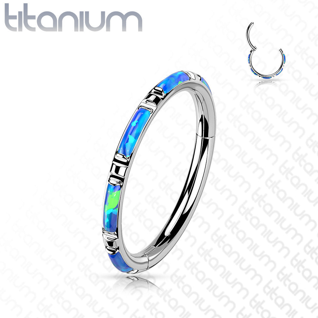 Implant Grade Titanium Hinged Segment Ring with Outward Facing Rectangular Opal Inlays
