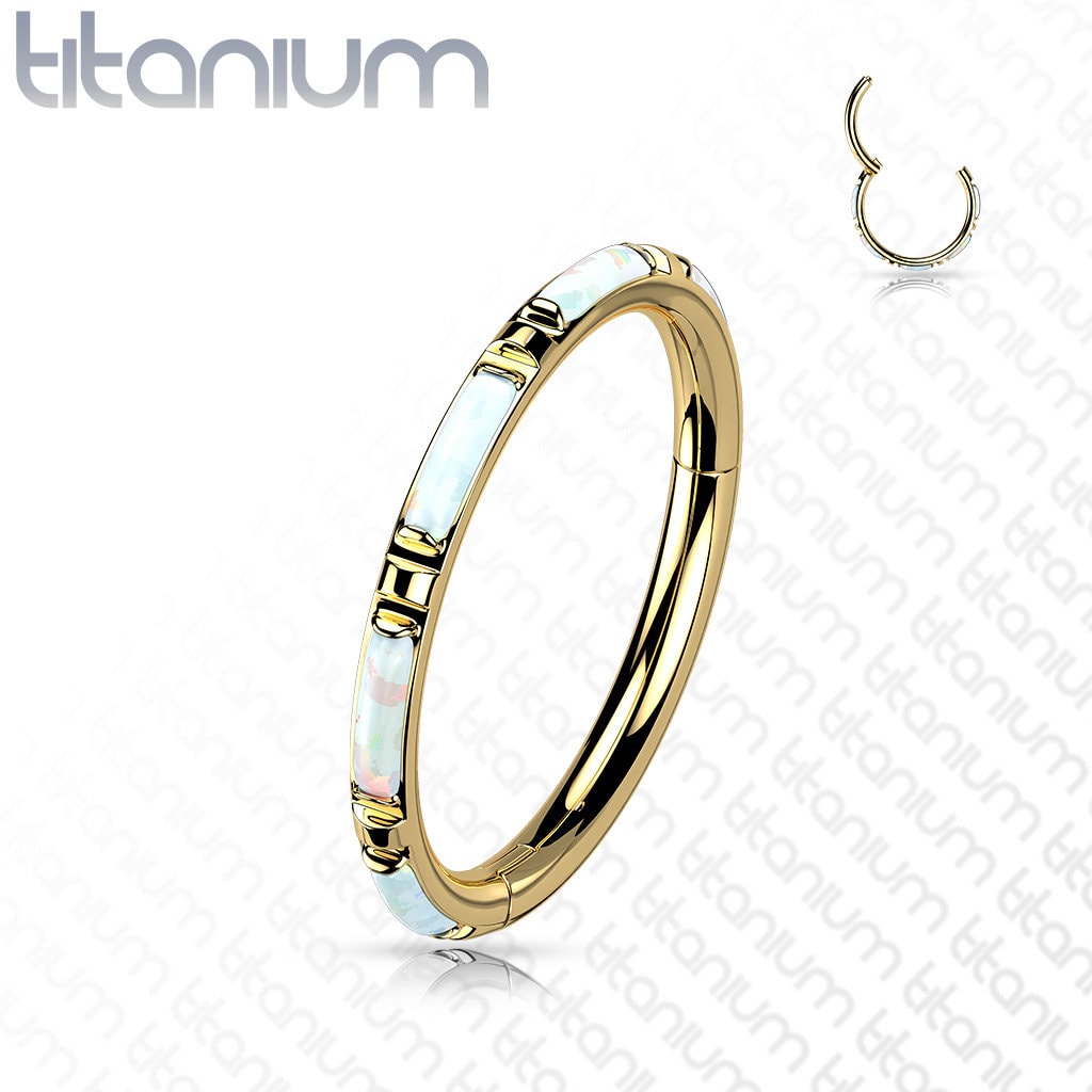 Implant Grade Titanium Hinged Segment Ring with Outward Facing Rectangular Opal Inlays
