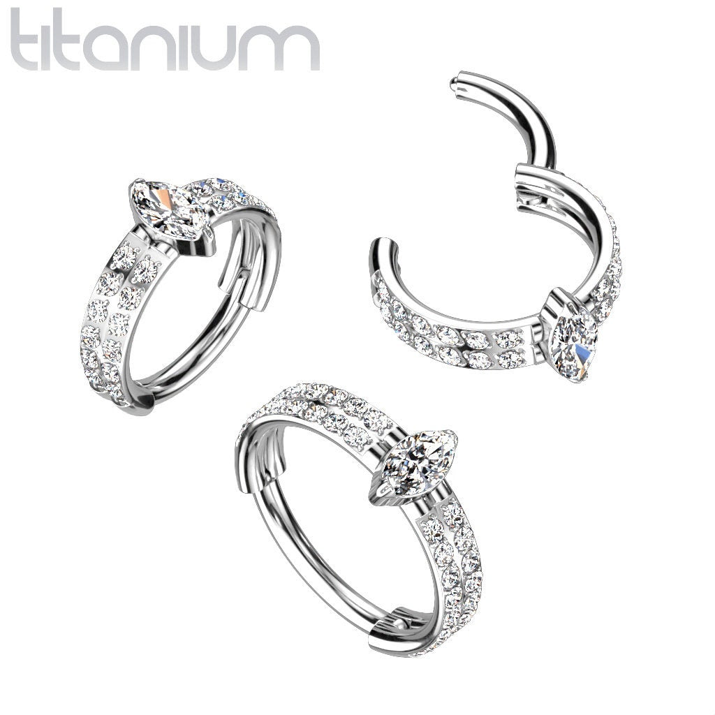 Implant Grade Titanium Hinged Segment Ring With Outward Facing Double-Lined CZ and Marquise Center CZ, UK seller
