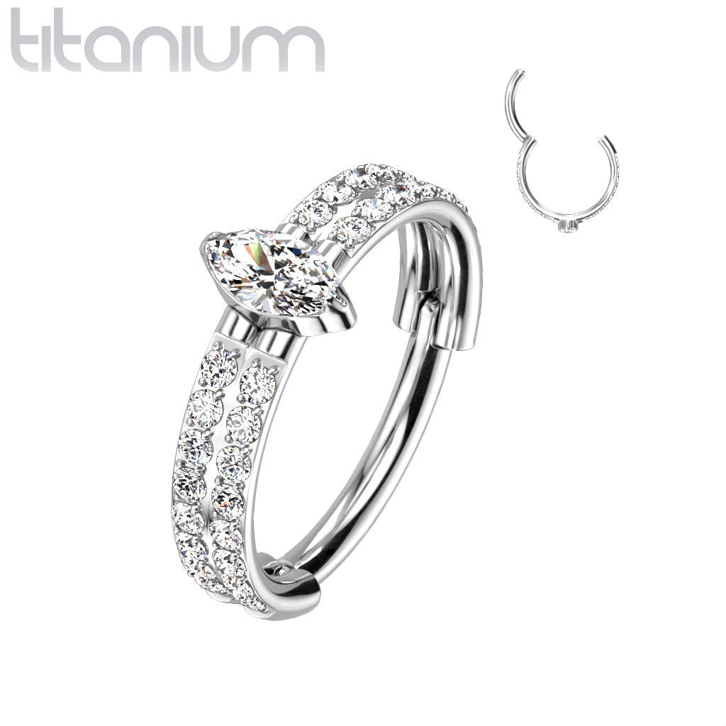 Implant Grade Titanium Hinged Segment Ring With Outward Facing Double-Lined CZ and Marquise Center CZ, UK seller