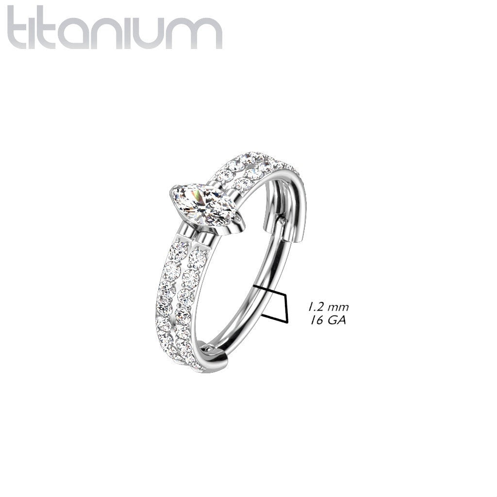 Implant Grade Titanium Hinged Segment Ring With Outward Facing Double-Lined CZ and Marquise Center CZ, UK seller