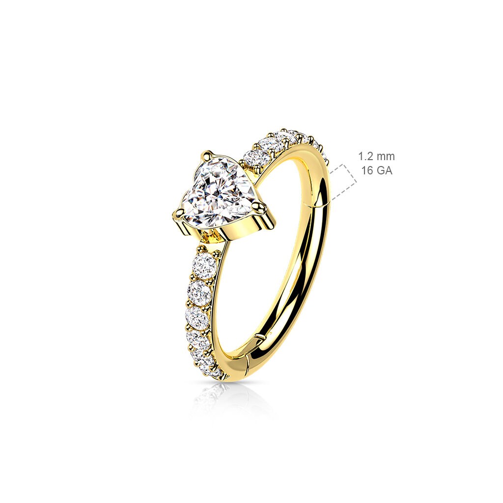 Implant Grade Titanium Hinged Segment Hoop Ring With CZ Heart Center and Pave CZ Sides