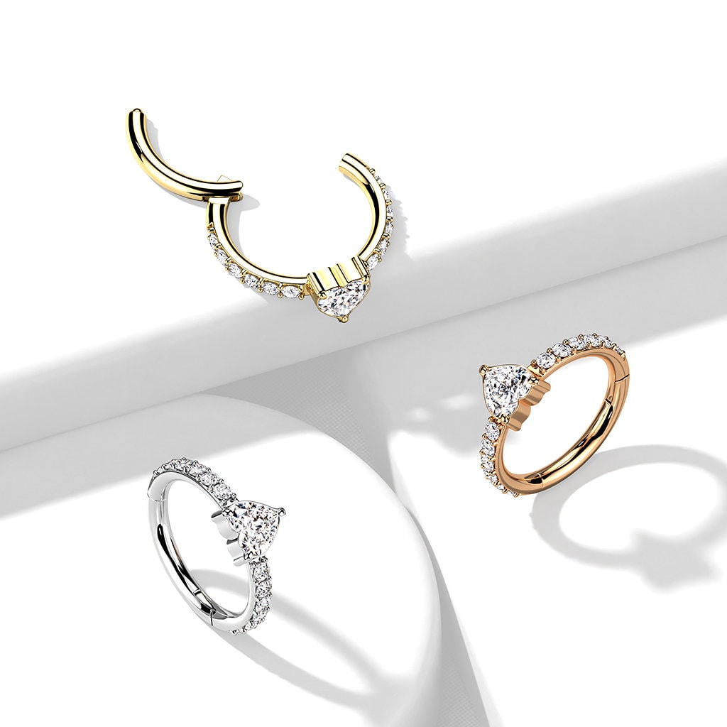 Implant Grade Titanium Hinged Segment Hoop Ring With CZ Heart Center and Pave CZ Sides