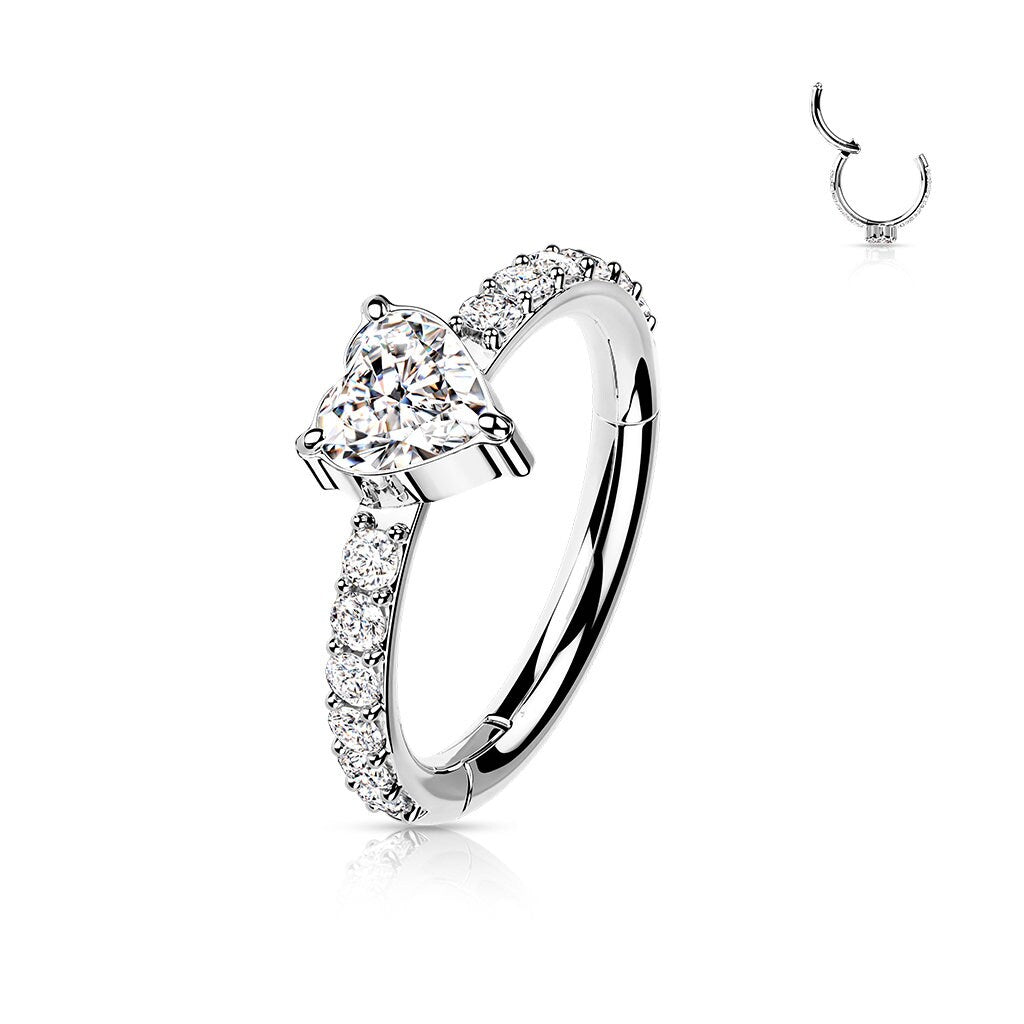 Implant Grade Titanium Hinged Segment Hoop Ring With CZ Heart Center and Pave CZ Sides