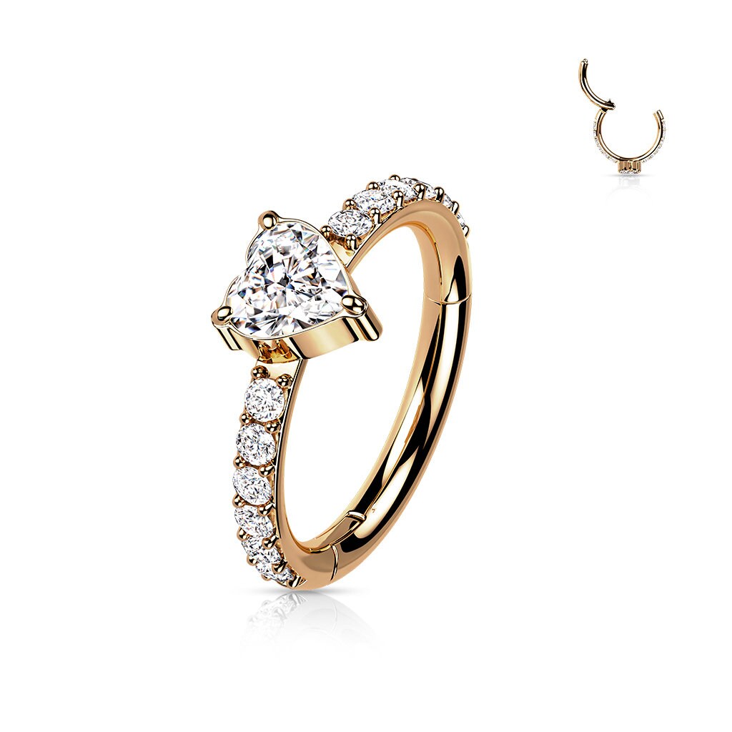 Implant Grade Titanium Hinged Segment Hoop Ring With CZ Heart Center and Pave CZ Sides