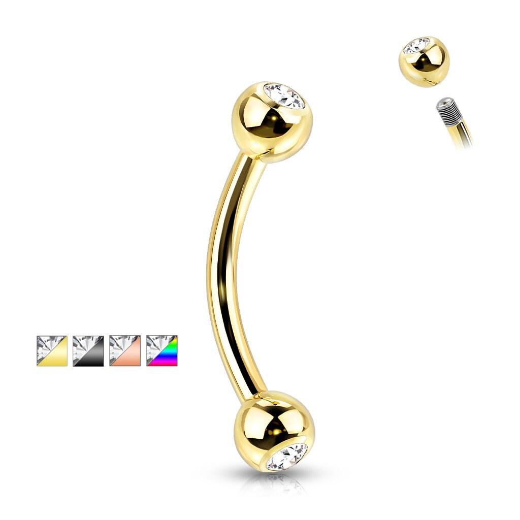 Implant Grade Titanium with an Externally Threaded PVD Plated Curved Barbell With Press Fit CZ Ball Ends, eyebrow, vertical labret, Rook