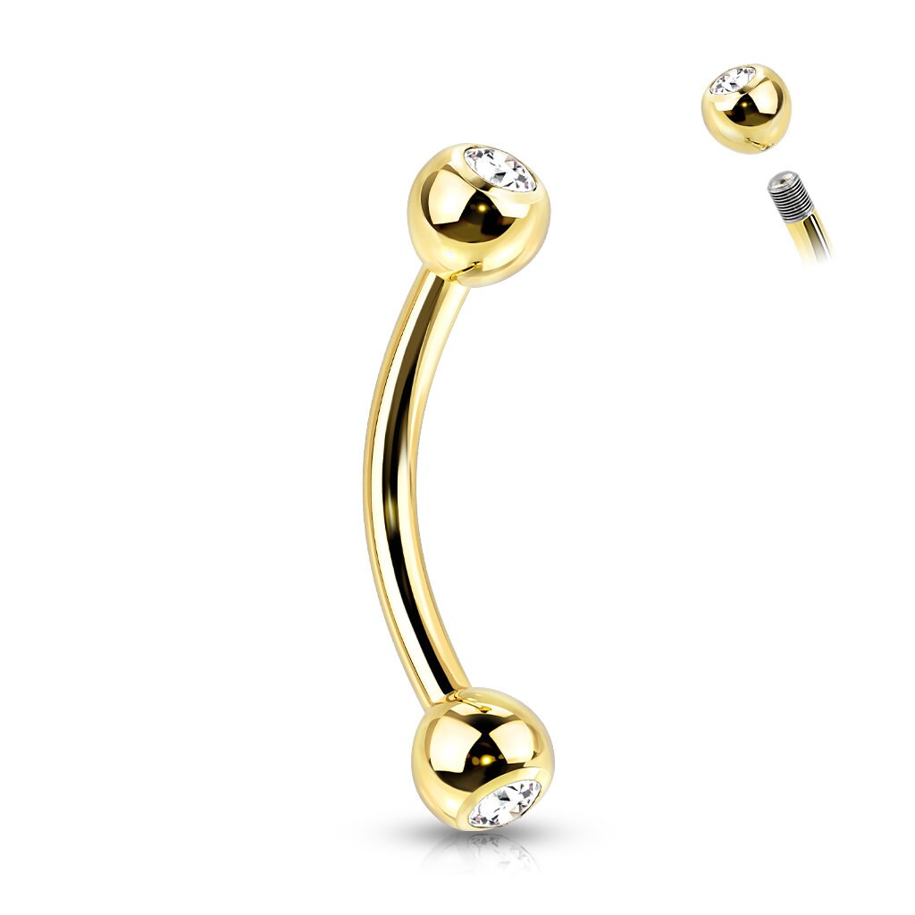 Implant Grade Titanium with an Externally Threaded PVD Plated Curved Barbell With Press Fit CZ Ball Ends, eyebrow, vertical labret, Rook