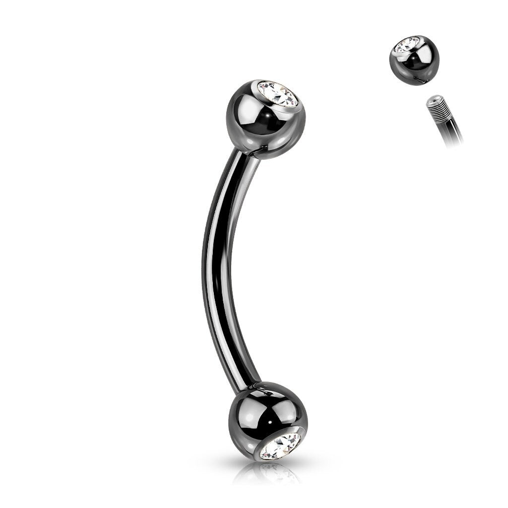 Implant Grade Titanium with an Externally Threaded PVD Plated Curved Barbell With Press Fit CZ Ball Ends, eyebrow, vertical labret, Rook