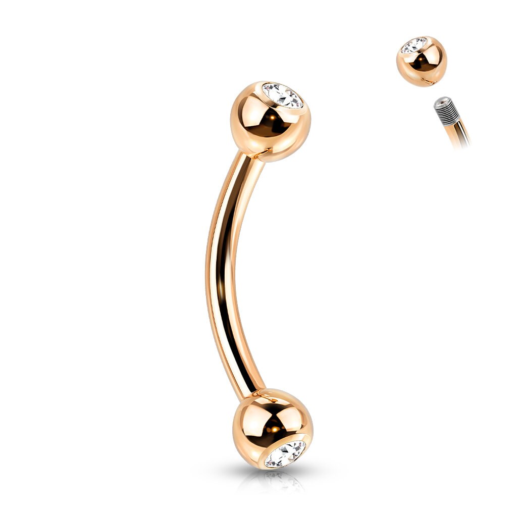 Implant Grade Titanium with an Externally Threaded PVD Plated Curved Barbell With Press Fit CZ Ball Ends, eyebrow, vertical labret, Rook