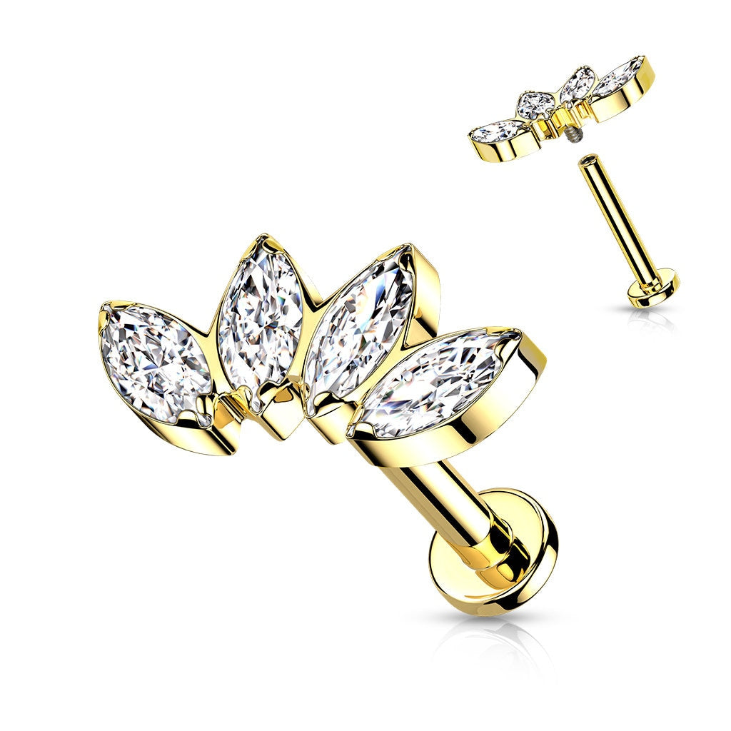 Implant Grade Titanium Internally Threaded Labret With 4 Marquise CZ Fan Top, Body Jewellery, helix, earlobe, 1.2/6/8mm