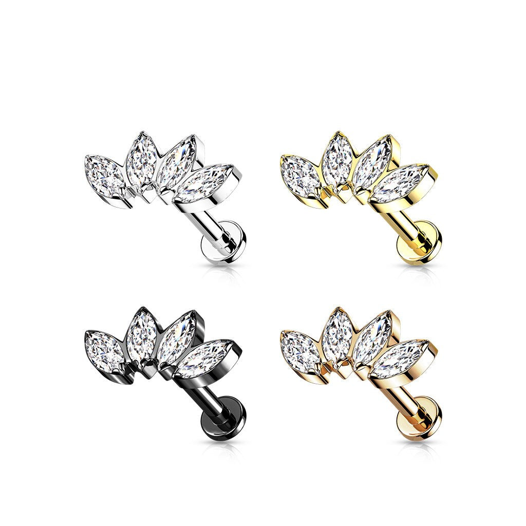 Implant Grade Titanium Internally Threaded Labret With 4 Marquise CZ Fan Top, Body Jewellery, helix, earlobe, 1.2/6/8mm