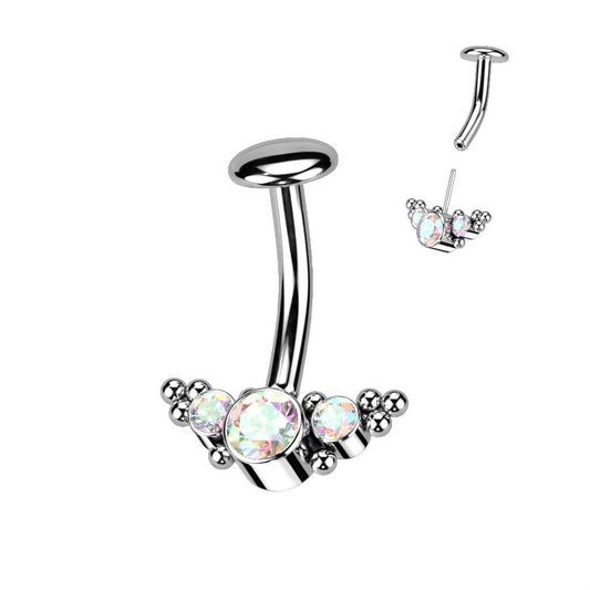 Implant Grade Titanium Threadless Belly Button Ring With 5mm Convex Base and 3 Bezel Set CZs and Ball Clusters
