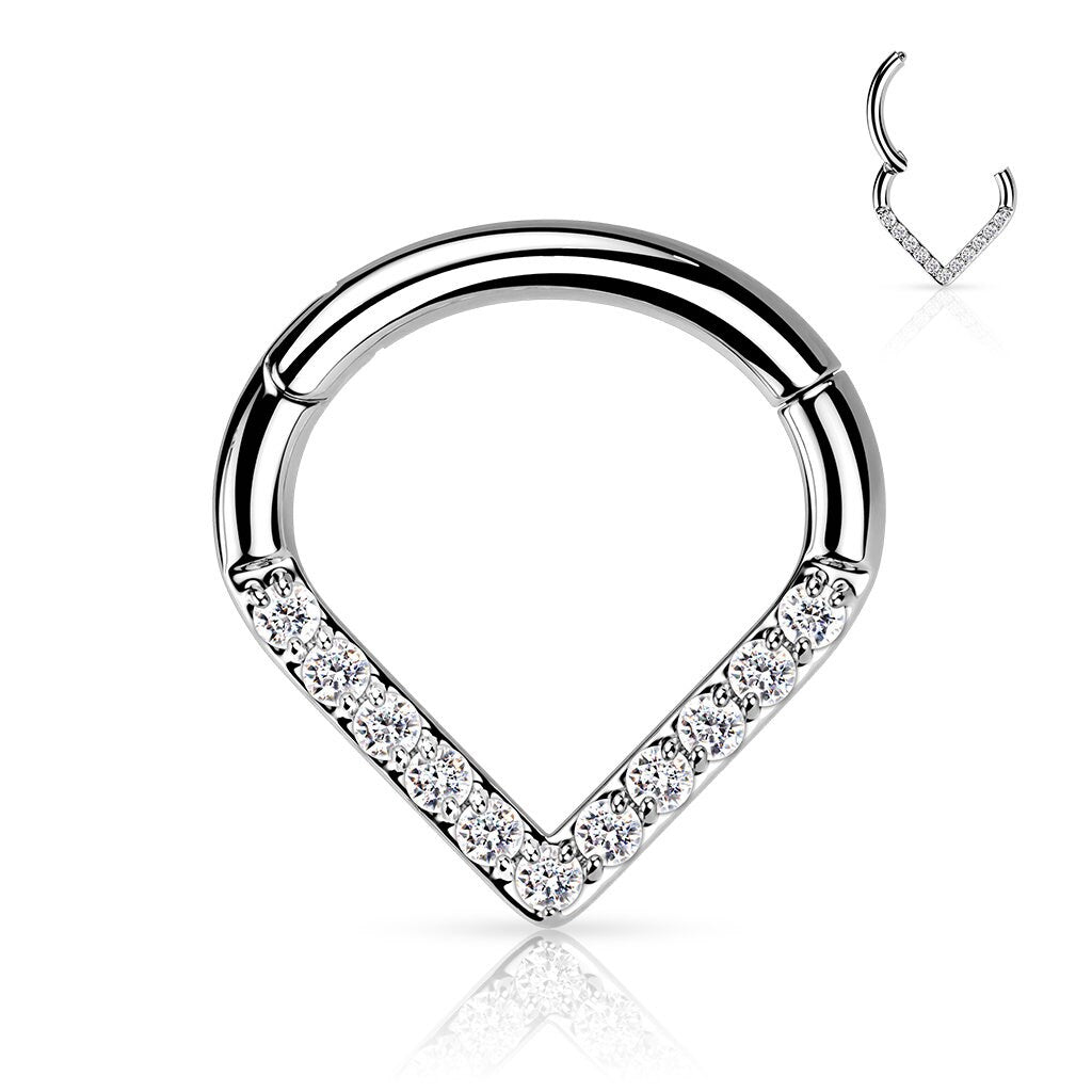 Implant Grade Titanium Hinged Segment Hoop Ring With Pave CZ Single Line Chevron, Teardrop, eptum, Cartilage, UK seller