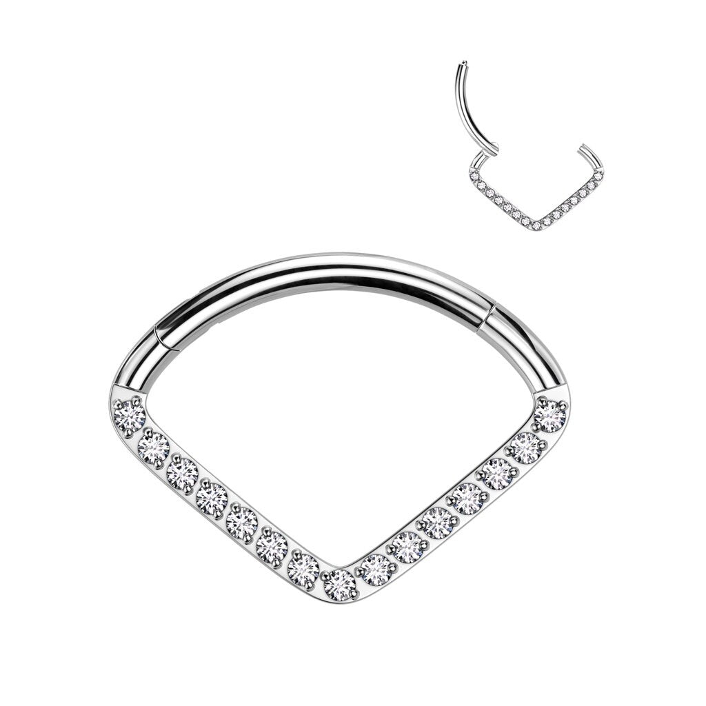 Implant Grade Titanium Hinged Segment Hoop Ring With Wide CZ Pave Chevon, worldwide shipping, UK seller