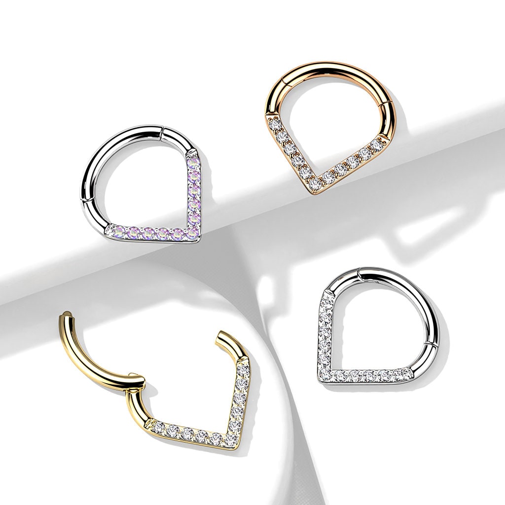 Implant Grade Titanium Hinged Segment Hoop Ring With Pave CZ Single Line Chevron, Teardrop, eptum, Cartilage, UK seller