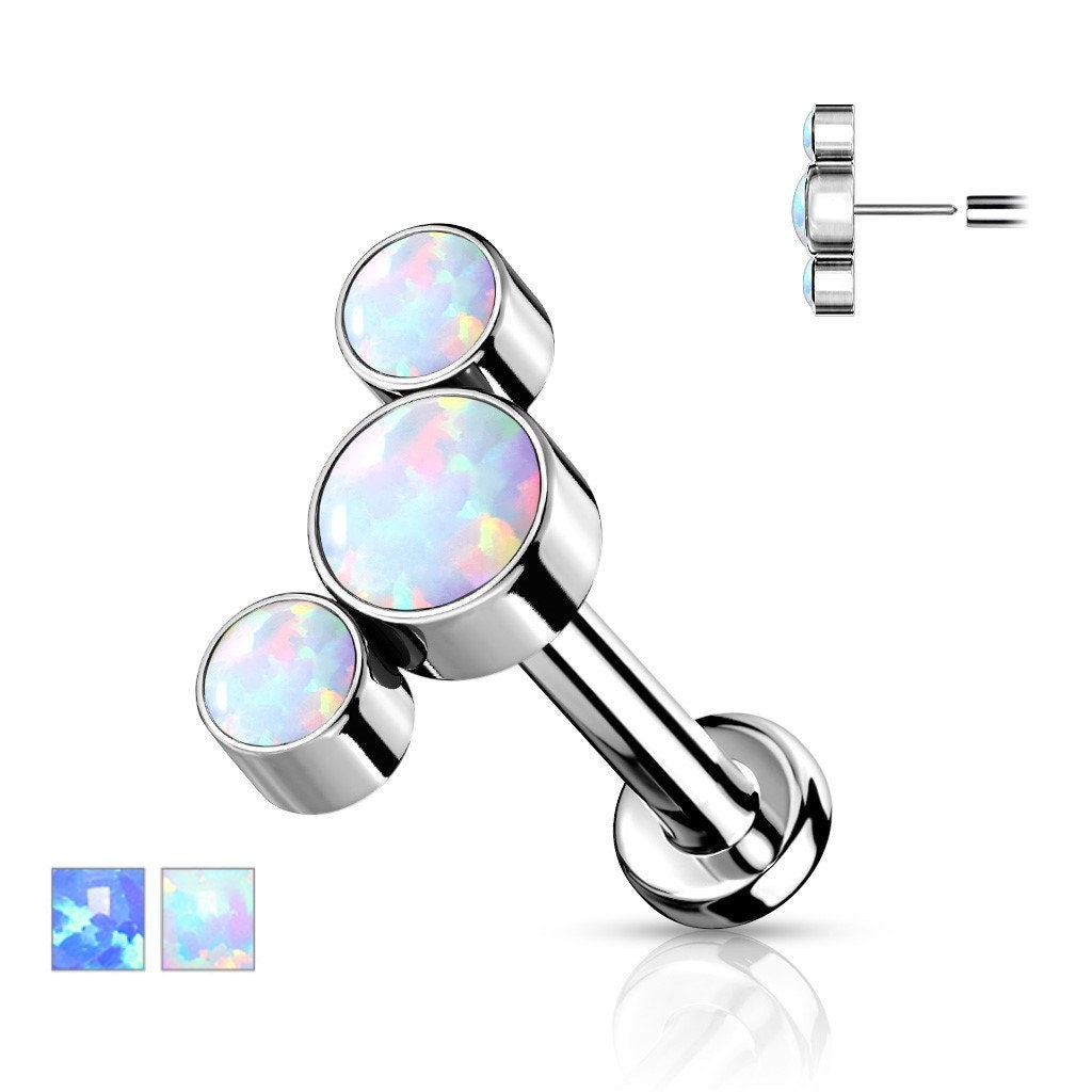Implant Grade Titanium Threadless Push in Labret With 3 Round Bezel Set Opal Curved Top, worldwide shipping, UK seller