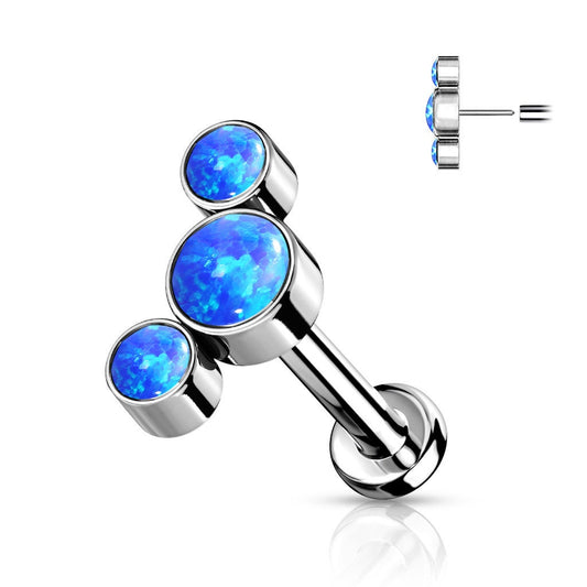 Implant Grade Titanium Threadless Push in Labret With 3 Round Bezel Set Opal Curved Top, worldwide shipping, UK seller