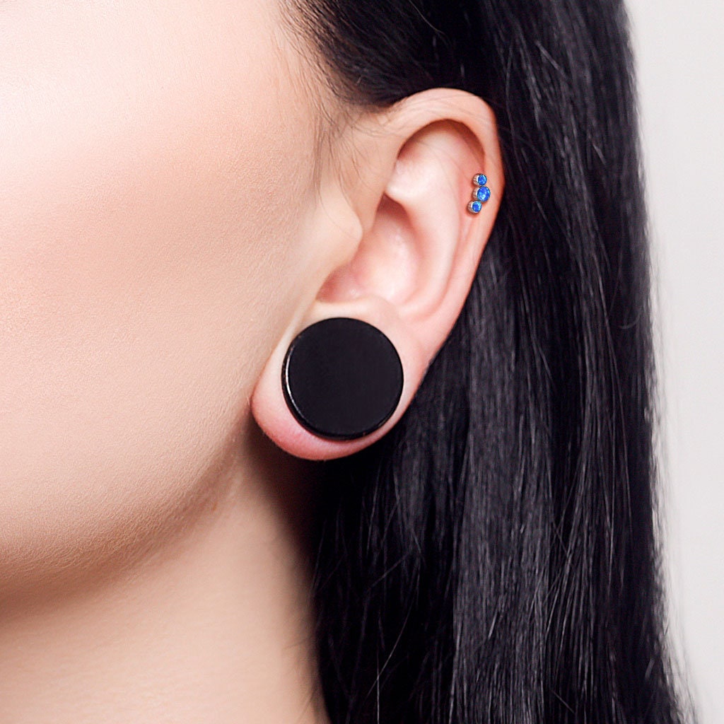 Implant Grade Titanium Threadless Push in Labret With 3 Round Bezel Set Opal Curved Top, worldwide shipping, UK seller