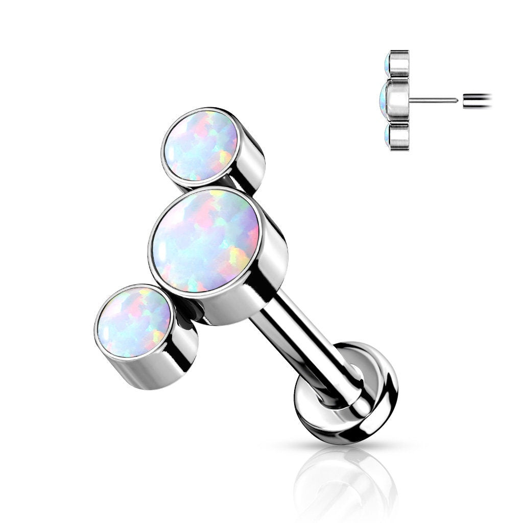 Implant Grade Titanium Threadless Push in Labret With 3 Round Bezel Set Opal Curved Top, worldwide shipping, UK seller