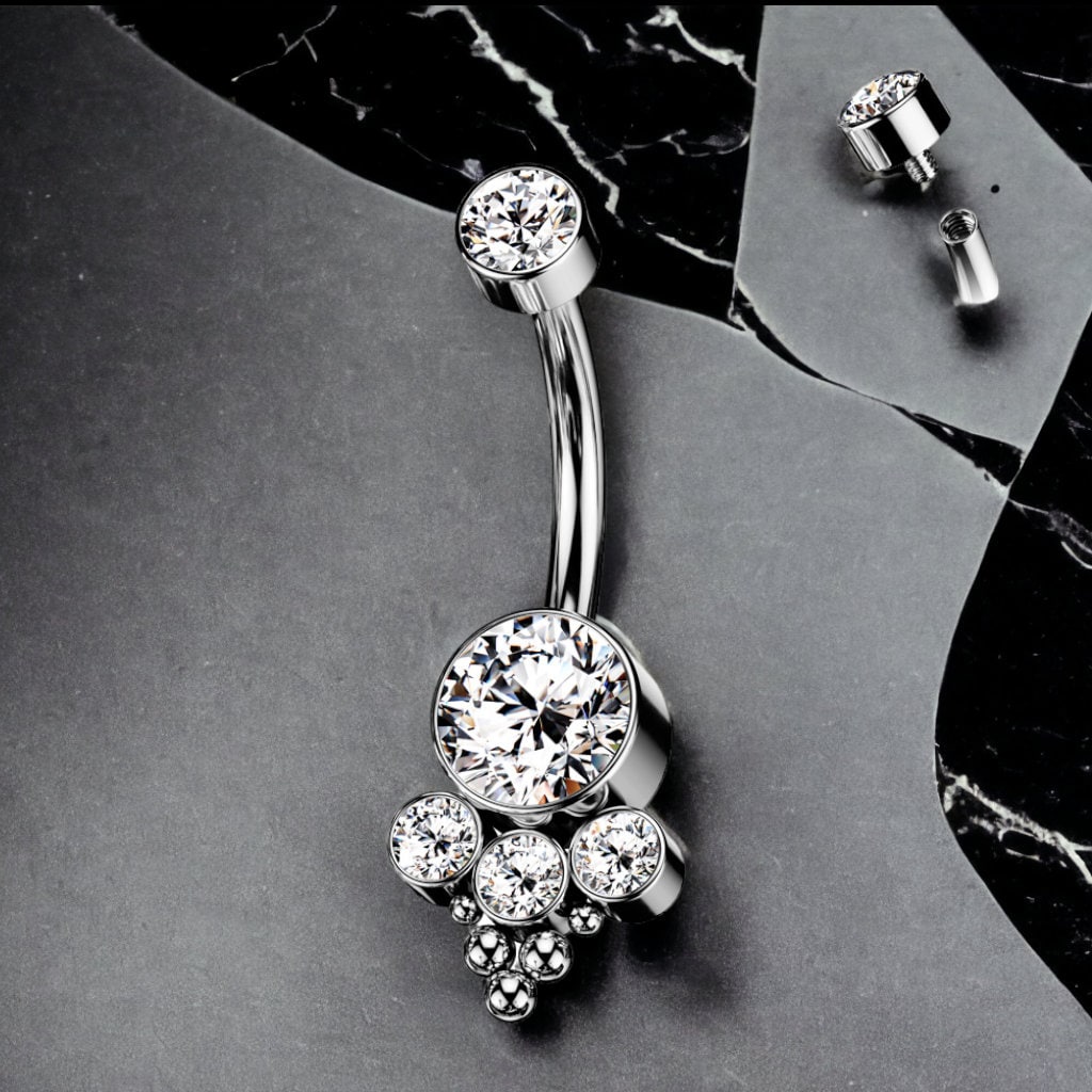 Implant grade TITANIUM belly bar with cubic zirconia and synthetic opals, UK seller , worldwide shipping