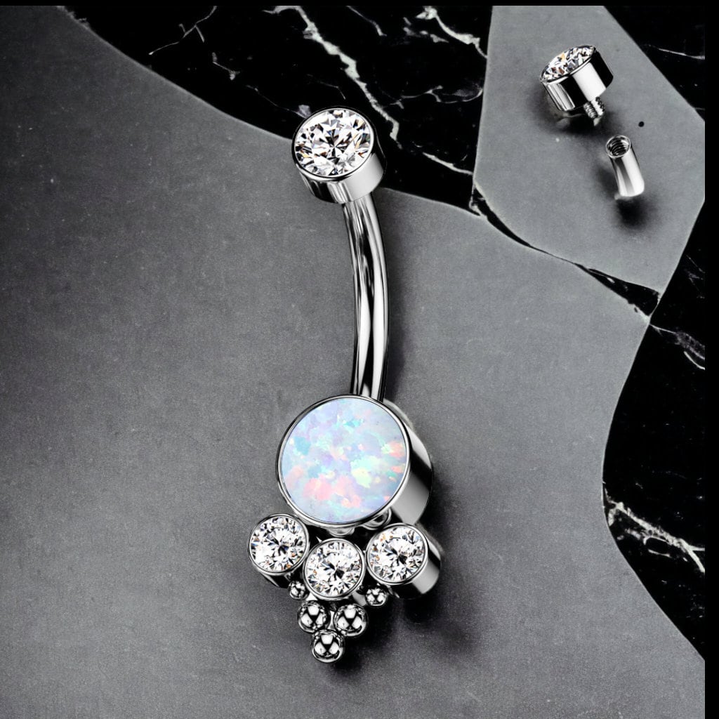 Implant grade TITANIUM belly bar with cubic zirconia and synthetic opals, UK seller , worldwide shipping