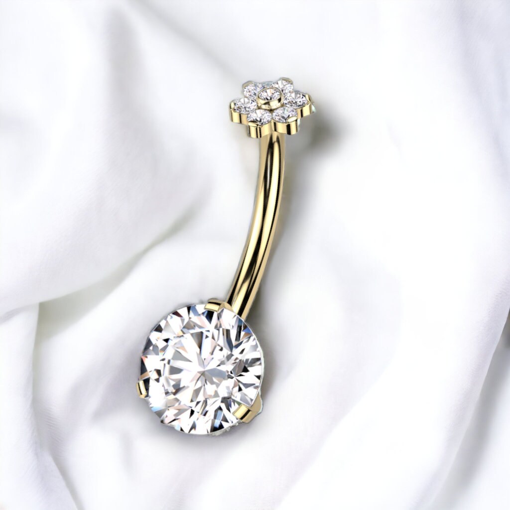 Push fit implant grade titanium belly bar with cubic zirconia gemstones, Worldwide shipping, UK seller