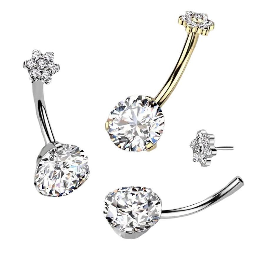 Push fit implant grade titanium belly bar with cubic zirconia gemstones, Worldwide shipping, UK seller