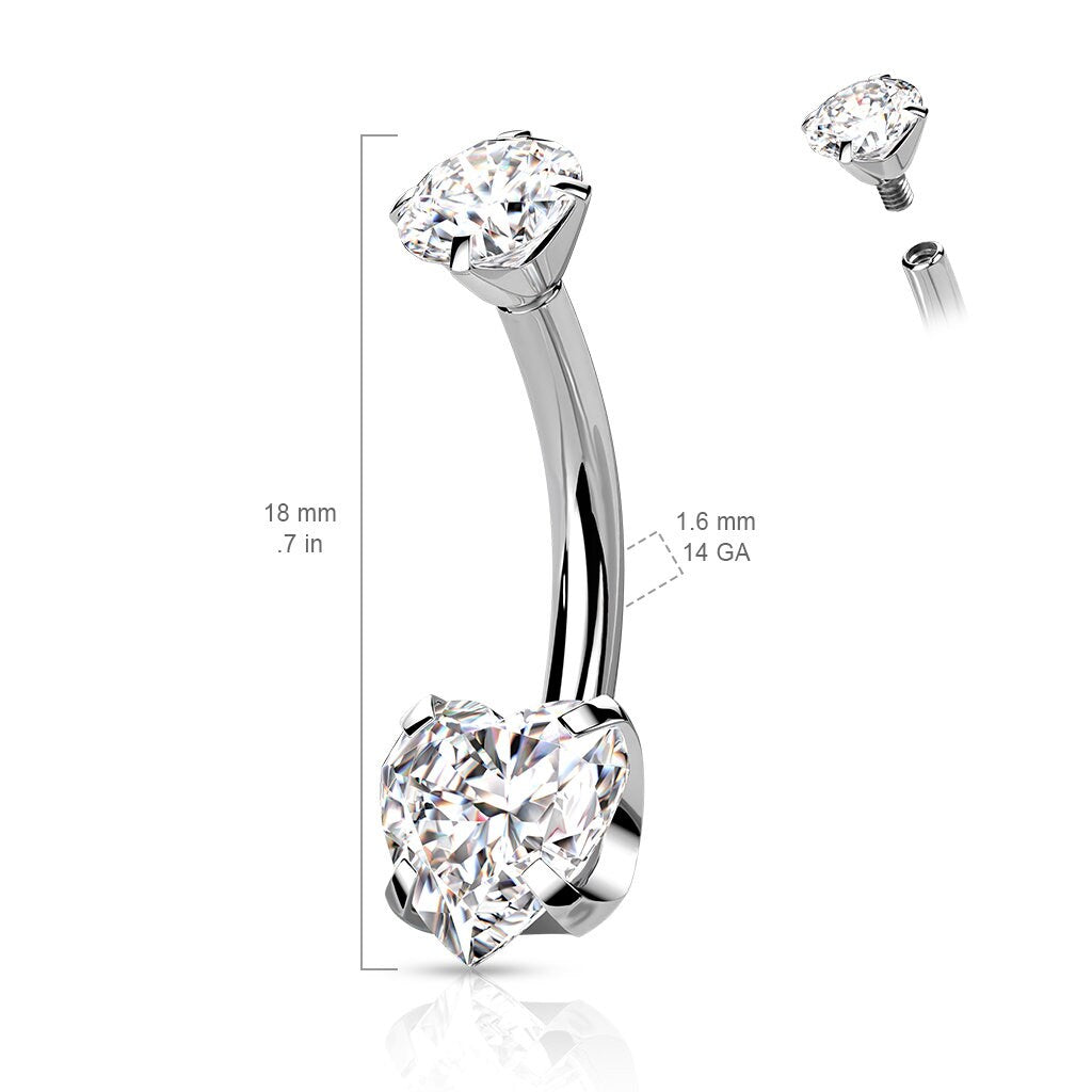 Implant Grade Titanium Belly Bar, Prong set Heart Jewel, UK seller, Worldwide Shipping