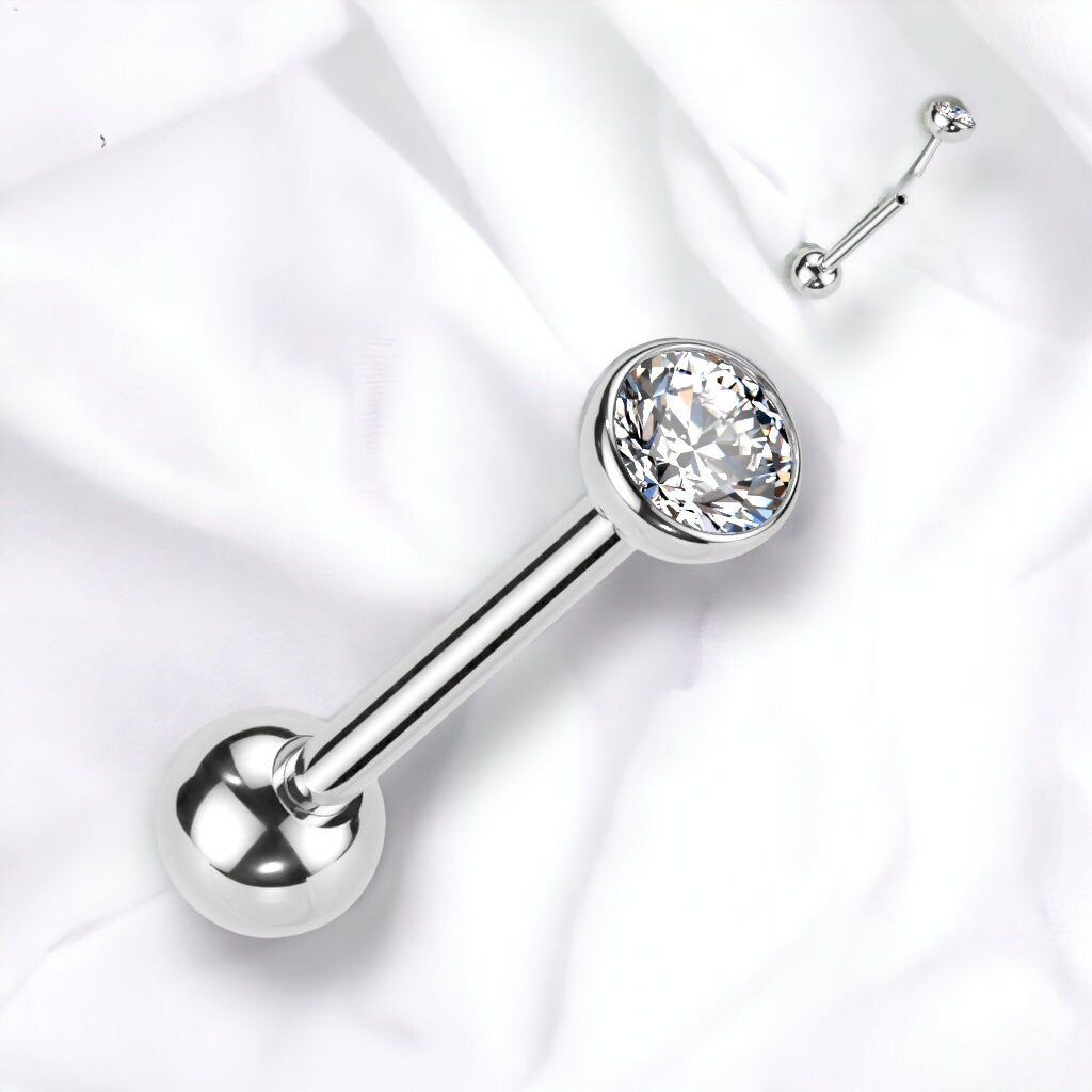 Implant Grade Titanium Threadless Push in Barbell With Bezel Set CZ Top,UK seller, worldwide shipping, Tongue bar