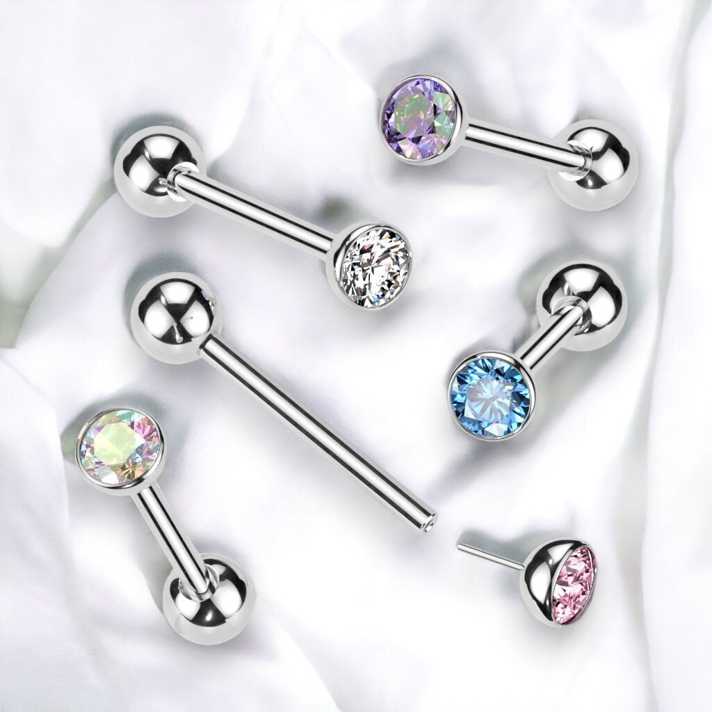Implant Grade Titanium Threadless Push in Barbell With Bezel Set CZ Top,UK seller, worldwide shipping, Tongue bar