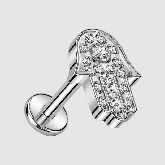 Implant Grade Titanium Internally Threaded Labret With Hamsa Pave CZ Top, UK seller, worldwide shipping