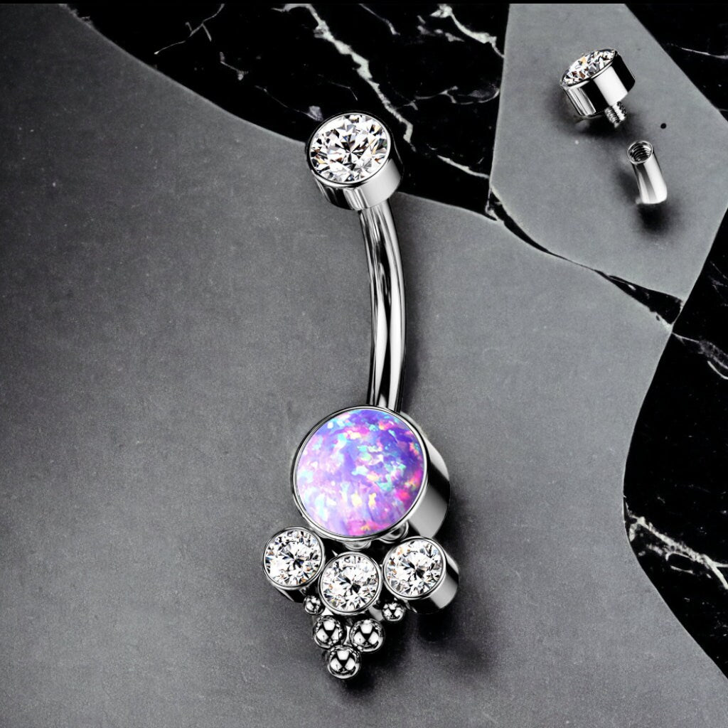 Implant grade TITANIUM belly bar with cubic zirconia and synthetic opals, UK seller , worldwide shipping